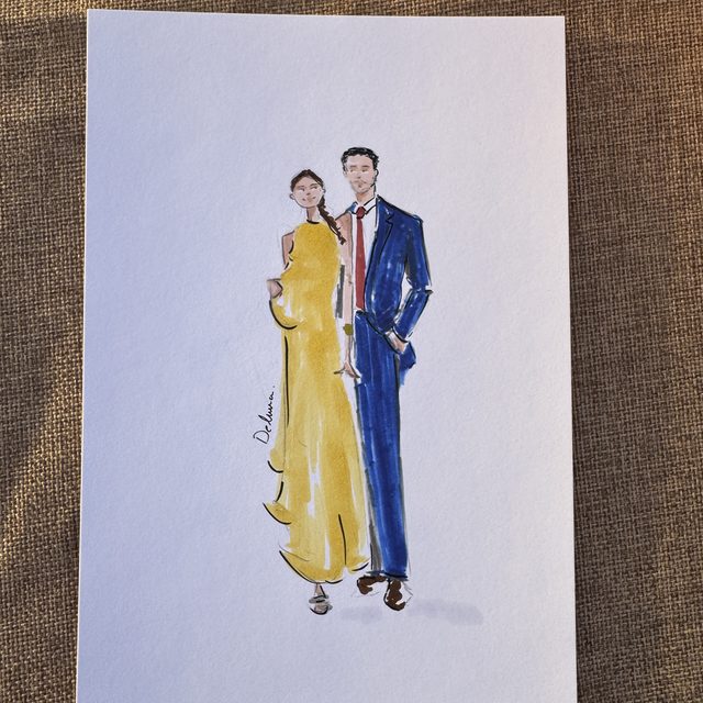 Lámina ilustrada de los novios hecha a mano, vestido amarillo y traje azul