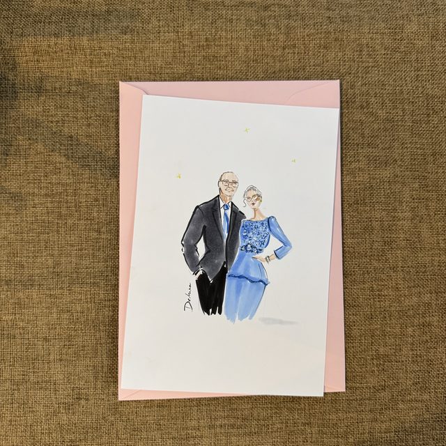 Lámina ilustrada personalizada de una pareja sobre fondo rosa