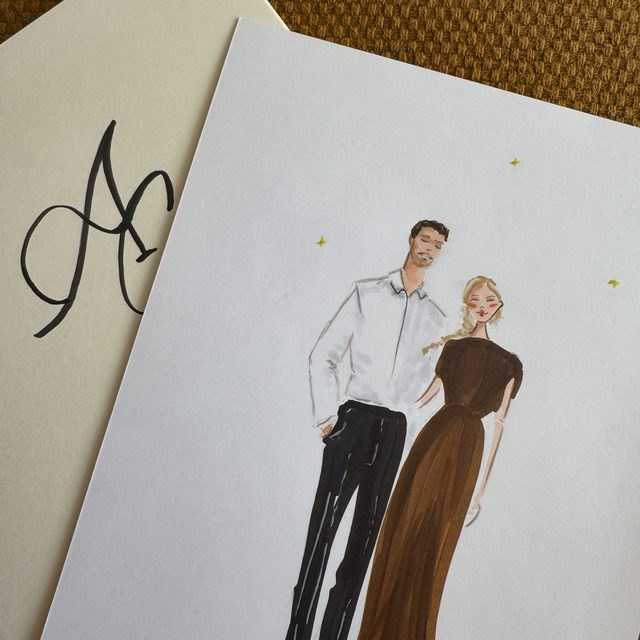 Lámina ilustrada de los novios con monograma, hecha a mano por DELUNA