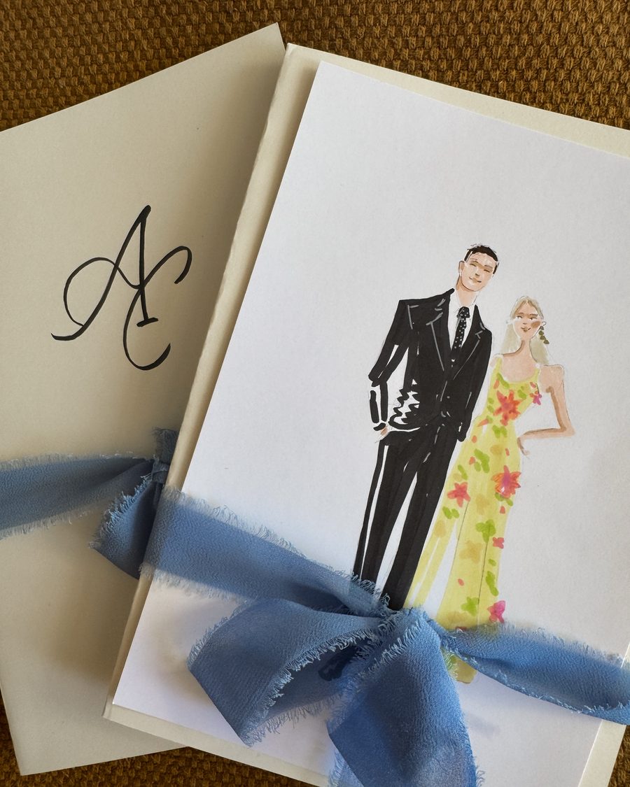 Lámina ilustrada de los novios hecha a mano por DELUNA, con monograma y lazo