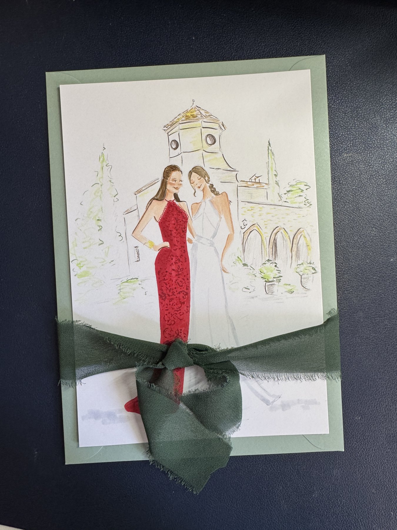 Dos amigas, una vestida de rojo y la novia, reunidas en una ilustración